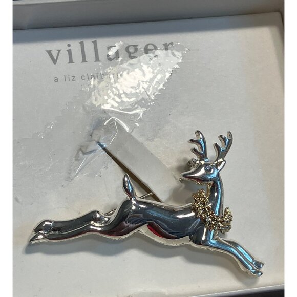 Silver-Tone Reindeer Brooch With Gold-Tone Wreath By Villager - Picture 5 of 13